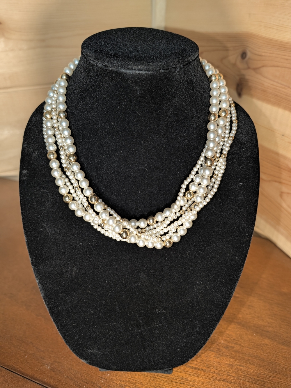 Vintage Layered Pearl and Gold Bead Necklace - White/Gold